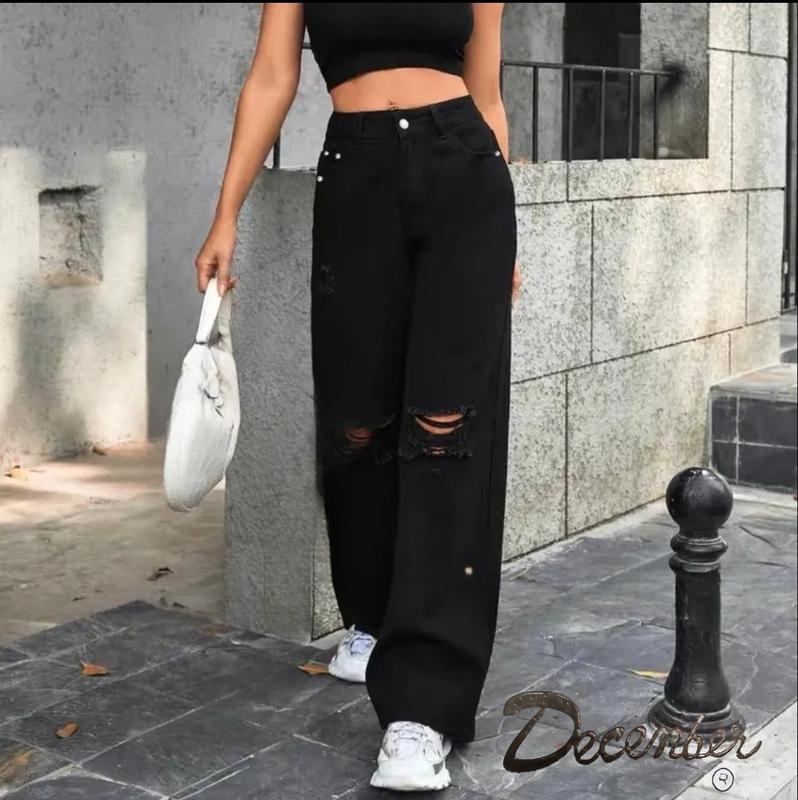 Knee cut quality boyfriend pants high waist hole straight tube tight women's jeans Bottoms Basic PANTS Denim Button Comfort Womenswear