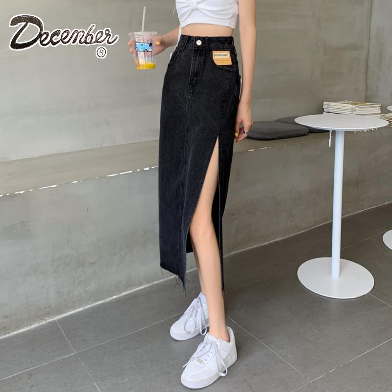December JEANS Fashionable Trendy High Waist Korean Maxi Skirt Denim Long Skirt with Slit for Women Womenswear Bottom Lady Comfort Basic Black Minimalist A-Line : Size 25-32