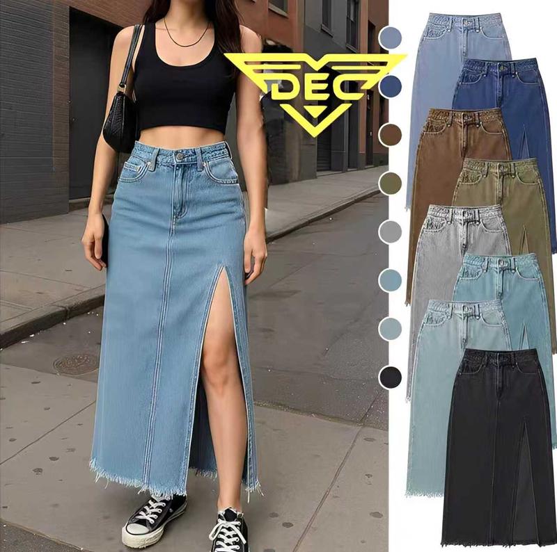 December JEANS Fashionable Trendy High Waist Korean Maxi Skirt Denim Long Skirt with Slit for Women Womenswear Bottom Lady Comfort Basic Black Minimalist A-Line : Size 25-32