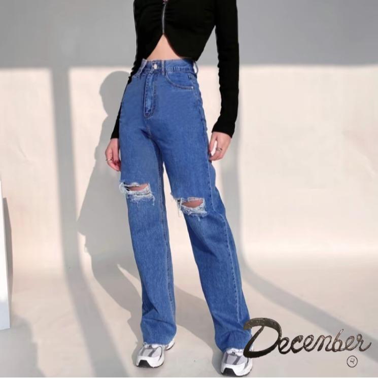 Knee cut quality boyfriend pants high waist hole straight tube tight women's jeans Bottoms Basic PANTS Denim Button Comfort Womenswear