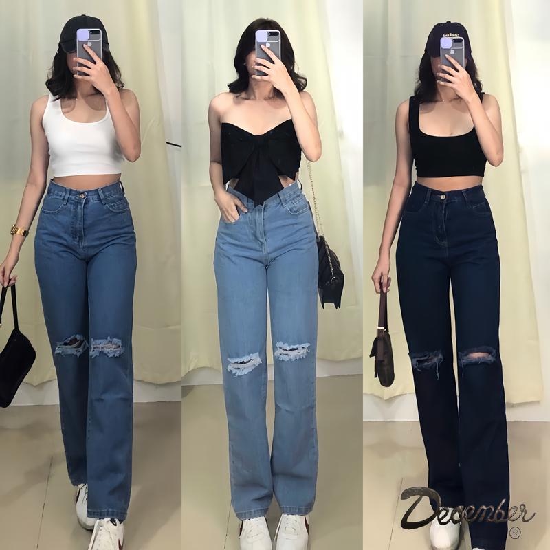 Knee cut quality boyfriend pants high waist hole straight tube tight women's jeans Bottoms Basic PANTS Denim Button Comfort Womenswear