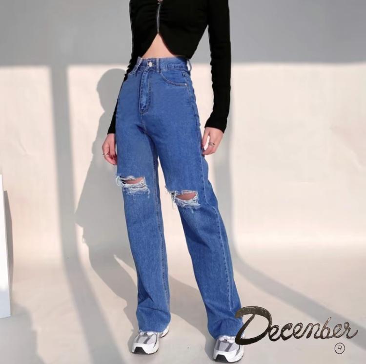 Knee cut quality boyfriend pants high waist hole straight tube tight women's jeans Bottoms Basic PANTS Denim Button Comfort Womenswear