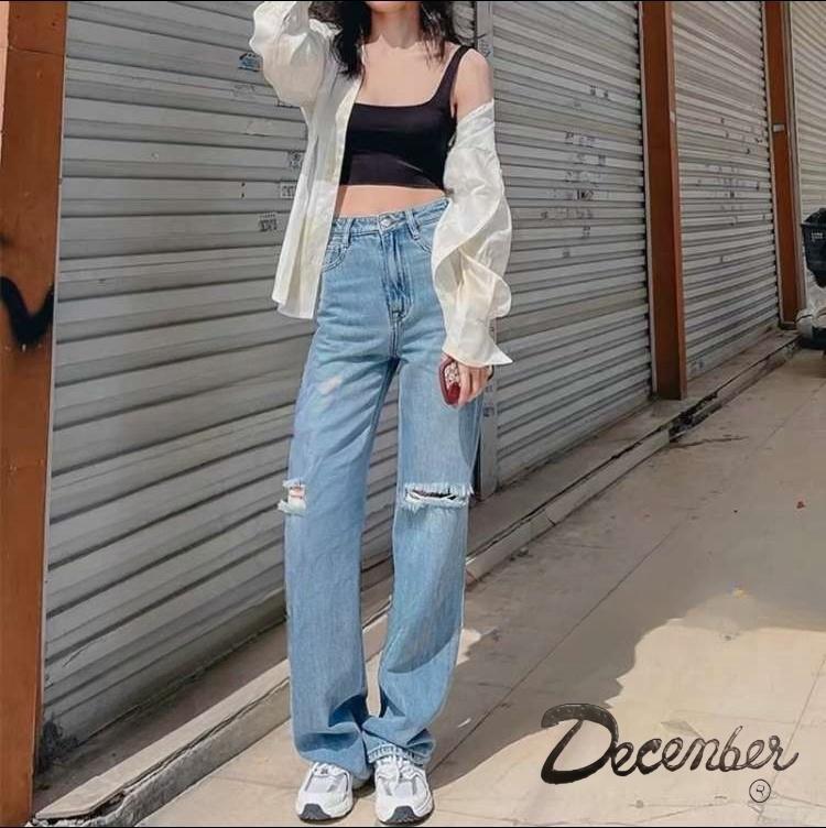 Highwaist Knee Cut Ripped Jeans New Trendy Fashion for Women - Comfortable and Stylish - Fit, Denim
