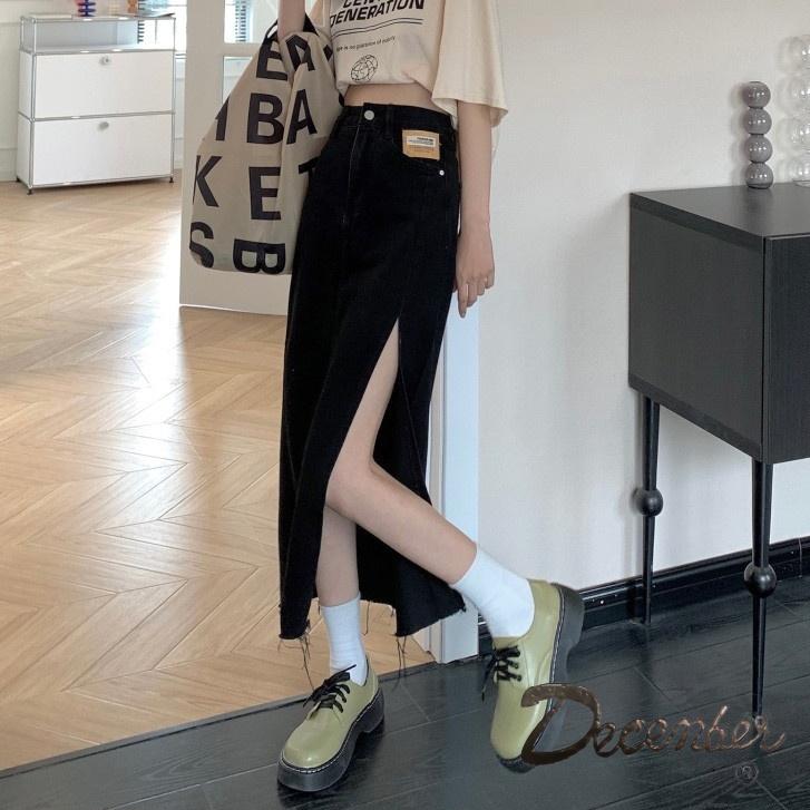 December JEANS Fashionable Trendy High Waist Korean Maxi Skirt Denim Long Skirt with Slit for Women Womenswear Bottom Lady Comfort Basic Black Minimalist A-Line : Size 25-32