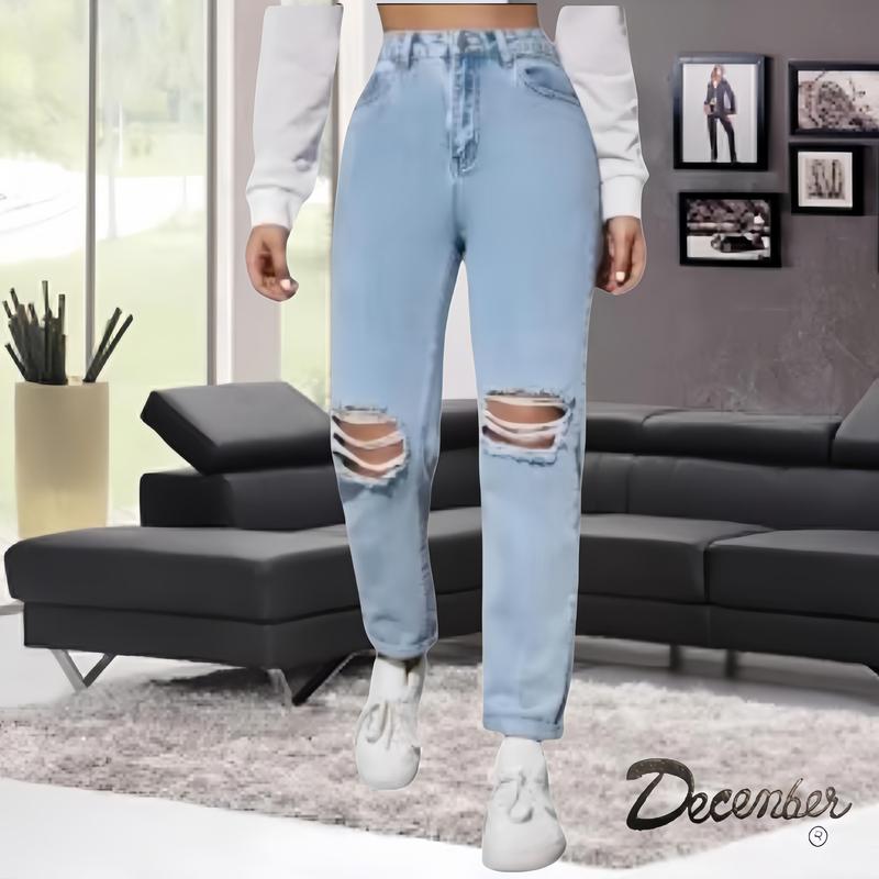 Knee cut quality boyfriend pants high waist hole straight tube tight women's jeans Bottoms Basic PANTS Denim Button Comfort Womenswear