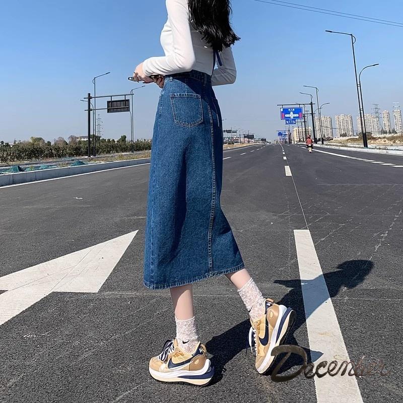 December JEANS Fashionable Trendy High Waist Korean Maxi Skirt Denim Long Skirt with Slit for Women Womenswear Bottom Lady Comfort Basic Black Minimalist A-Line : Size 25-32