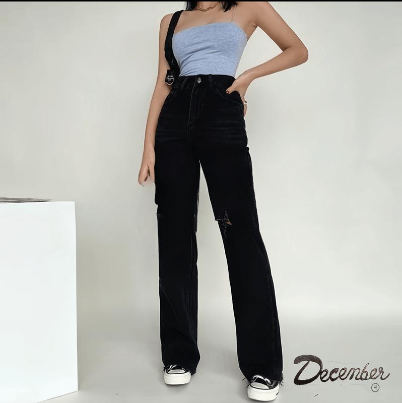 Knee cut quality boyfriend pants high waist hole straight tube tight women's jeans Bottoms Basic PANTS Denim Button Comfort Womenswear