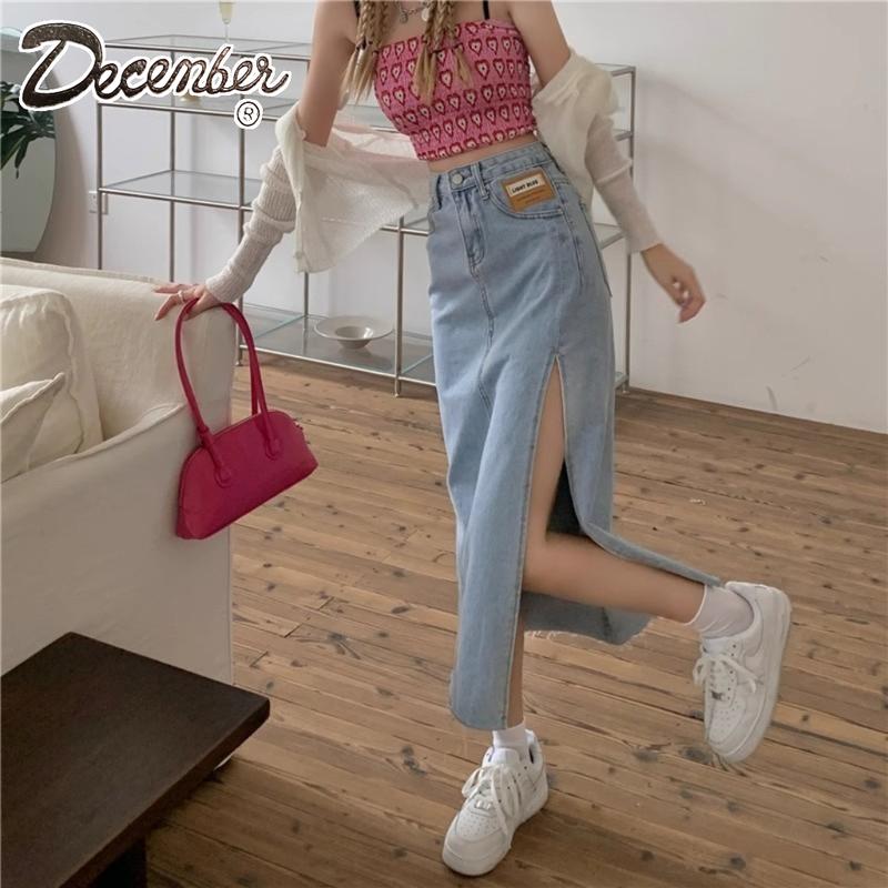 December JEANS Fashionable Trendy High Waist Korean Maxi Skirt Denim Long Skirt with Slit for Women Womenswear Bottom Lady Comfort Basic Black Minimalist A-Line : Size 25-32