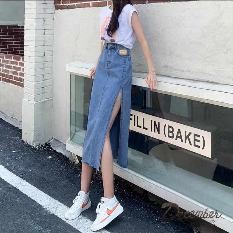 December JEANS Fashionable Trendy High Waist Korean Maxi Skirt Denim Long Skirt with Slit for Women Womenswear Bottom Lady Comfort Basic Black Minimalist A-Line : Size 25-32
