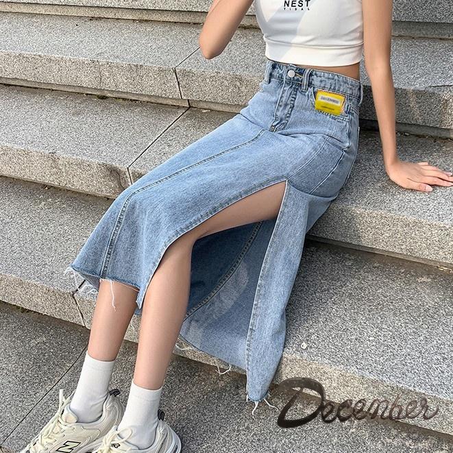 December JEANS Fashionable Trendy High Waist Korean Maxi Skirt Denim Long Skirt with Slit for Women Womenswear Bottom Lady Comfort Basic Black Minimalist A-Line : Size 25-32