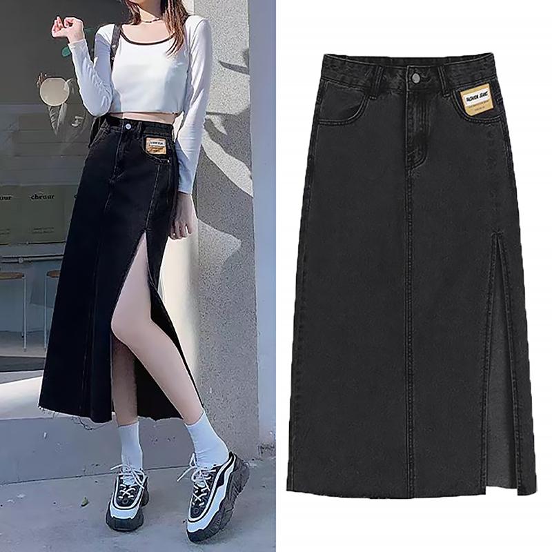 December JEANS Fashionable Trendy High Waist Korean Maxi Skirt Denim Long Skirt with Slit for Women Womenswear Bottom Lady Comfort Basic Black Minimalist A-Line : Size 25-32
