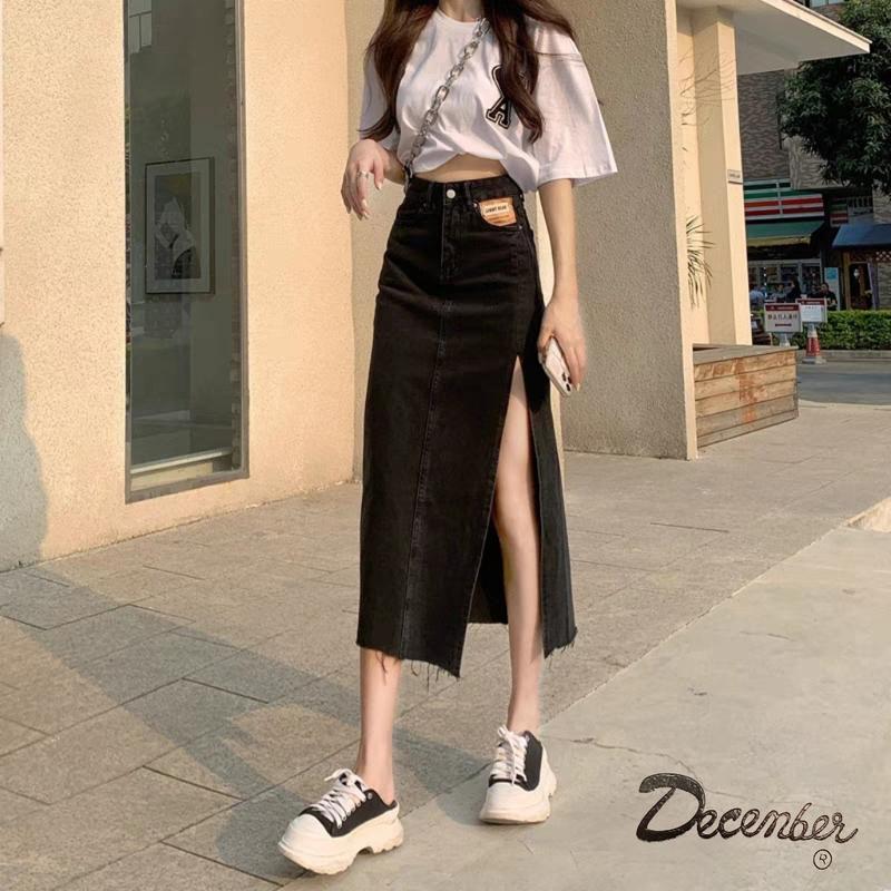 December JEANS Fashionable Trendy High Waist Korean Maxi Skirt Denim Long Skirt with Slit for Women Womenswear Bottom Lady Comfort Basic Black Minimalist A-Line : Size 25-32