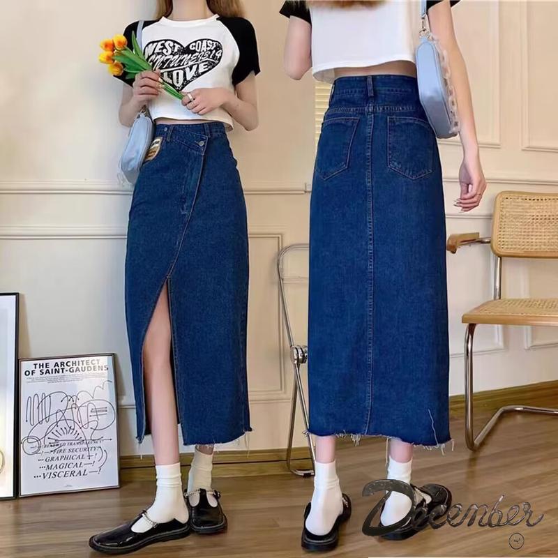 December JEANS Fashionable Trendy High Waist Korean Maxi Skirt Denim Long Skirt with Slit for Women Womenswear Bottom Lady Comfort Basic Black Minimalist A-Line : Size 25-32
