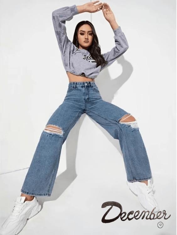 Highwaist Knee Cut Ripped Jeans New Trendy Fashion for Women - Comfortable and Stylish - Fit, Denim