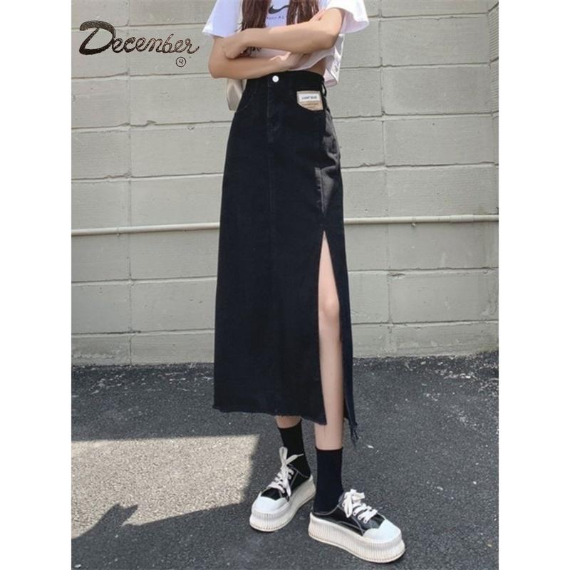 December JEANS Fashionable Trendy High Waist Korean Maxi Skirt Denim Long Skirt with Slit for Women Womenswear Bottom Lady Comfort Basic Black Minimalist A-Line : Size 25-32
