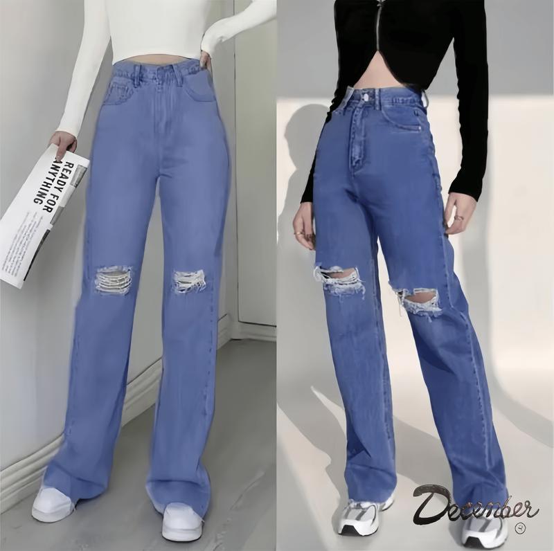 Knee cut quality boyfriend pants high waist hole straight tube tight women's jeans Bottoms Basic PANTS Denim Button Comfort Womenswear