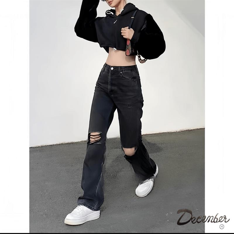 Knee cut quality boyfriend pants high waist hole straight tube tight women's jeans Bottoms Basic PANTS Denim Button Comfort Womenswear