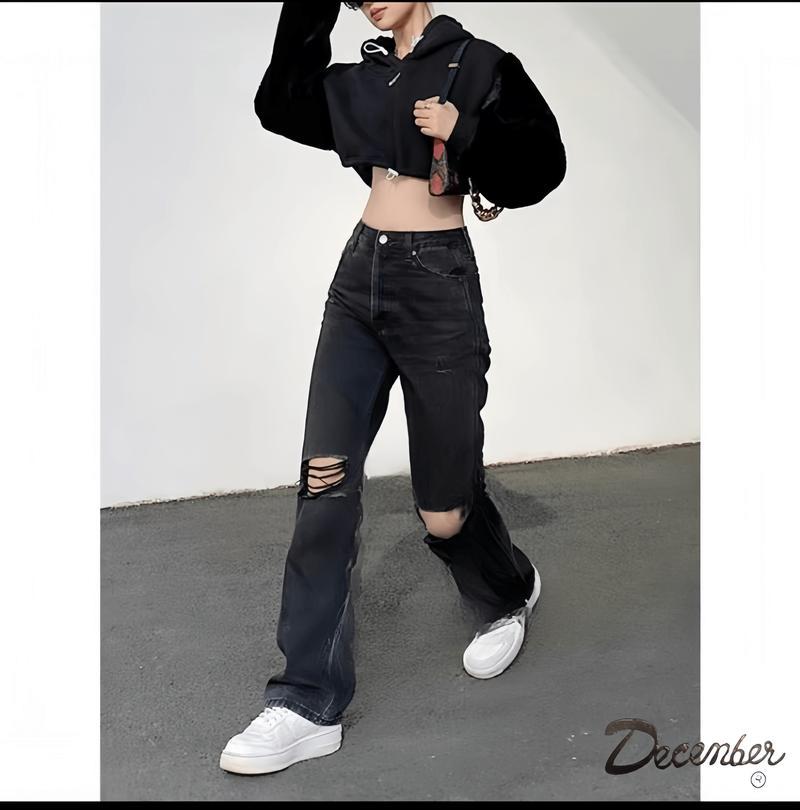 Knee cut quality boyfriend pants high waist hole straight tube tight women's jeans Bottoms Basic PANTS Denim Button Comfort Womenswear