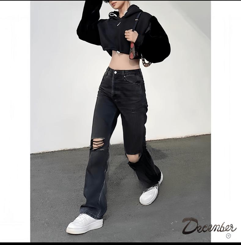 Knee cut quality boyfriend pants high waist hole straight tube tight women's jeans Bottoms Basic PANTS Denim Button Comfort Womenswear