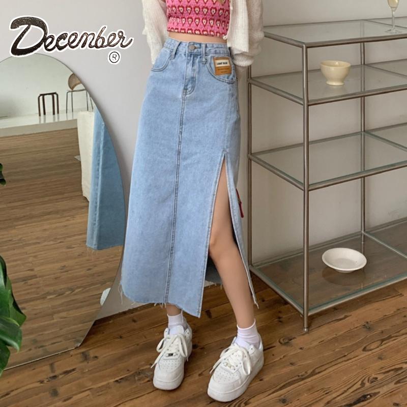 December JEANS Fashionable Trendy High Waist Korean Maxi Skirt Denim Long Skirt with Slit for Women Womenswear Bottom Lady Comfort Basic Black Minimalist A-Line : Size 25-32